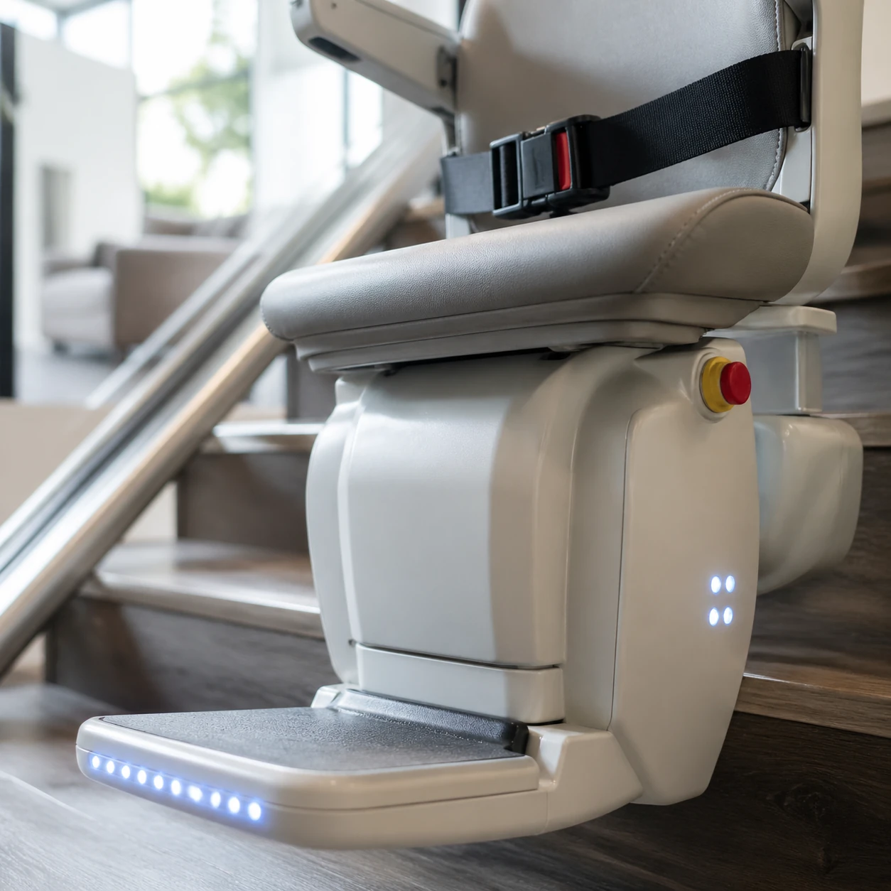 Modern stair lift installation in a residential home showing safe mobility for seniors on stairs